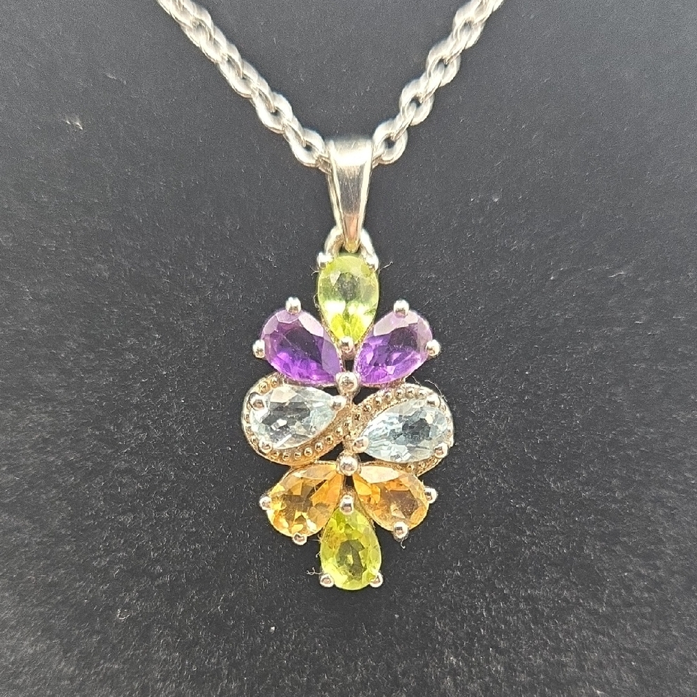 Multi-Color Gemstone Pendant Necklace 925